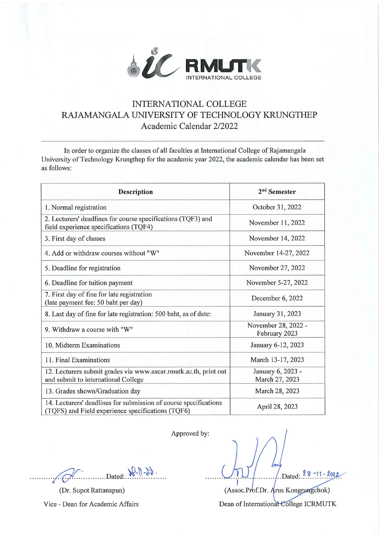 Academic Calendar 2/2022 – IC-RMUTK